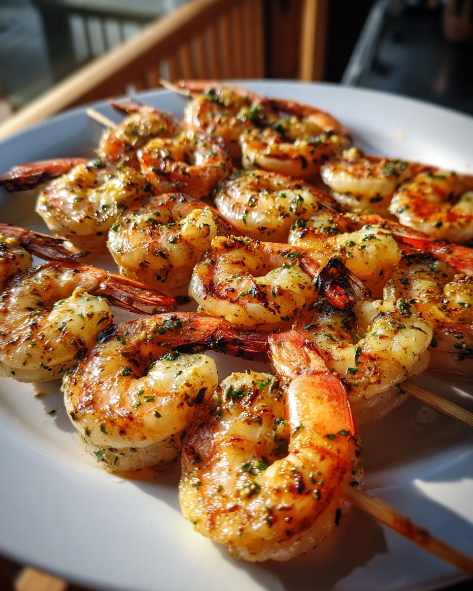Close-up of delicious Lemon Herb Grilled Shrimp Skewers on a white plate, ready to eat.