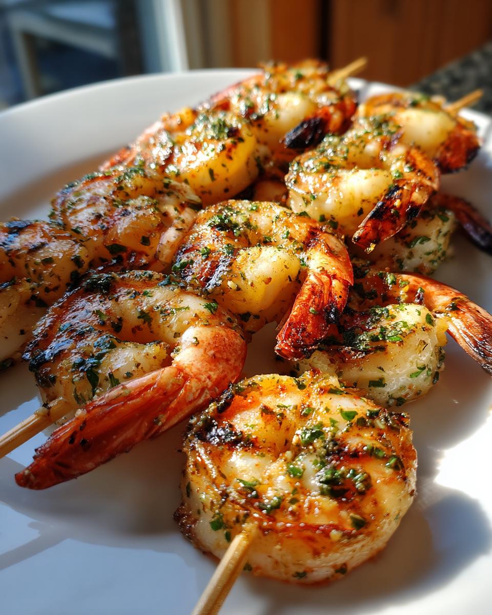 Close-up of Lemon Herb Grilled Shrimp Skewers on a white plate, seasoned with herbs and showing grill marks.