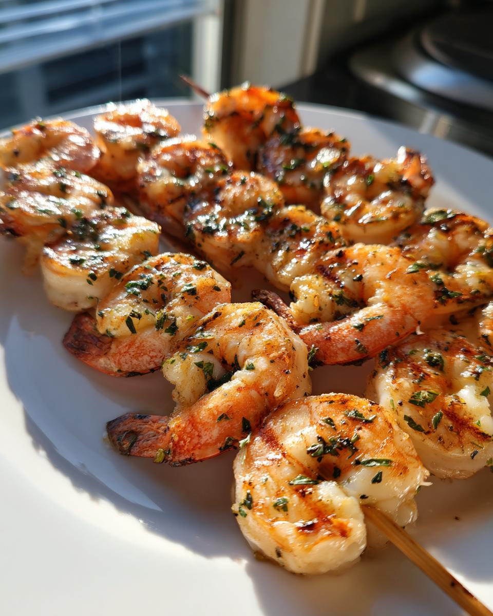 Close-up of Lemon Herb Grilled Shrimp Skewers on a white plate, showing grill marks and herb garnish.