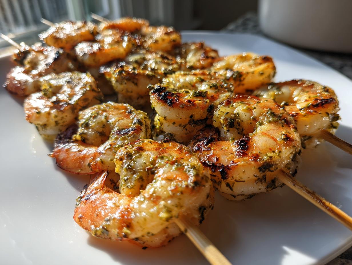 Close-up of Lemon Herb Grilled Shrimp Skewers on a white plate, showcasing the grilled texture and herb marinade.