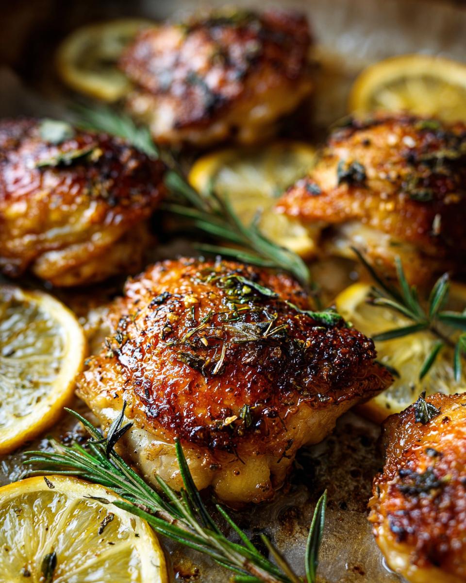 Close-up of roasted One-Pan Chicken Thigh Recipes with lemon slices and rosemary sprigs on a baking sheet.