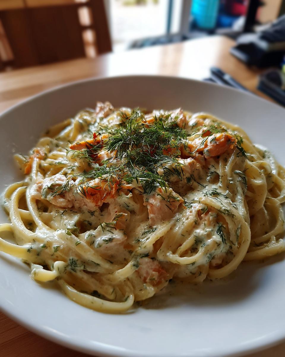 A plate of Light & Creamy Salmon Pasta, topped with fresh dill. Creamy sauce coats the pasta and salmon pieces.