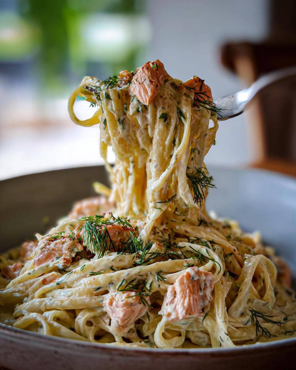 A fork lifting a portion of light & creamy salmon pasta, garnished with fresh dill, showcasing the dish's texture.