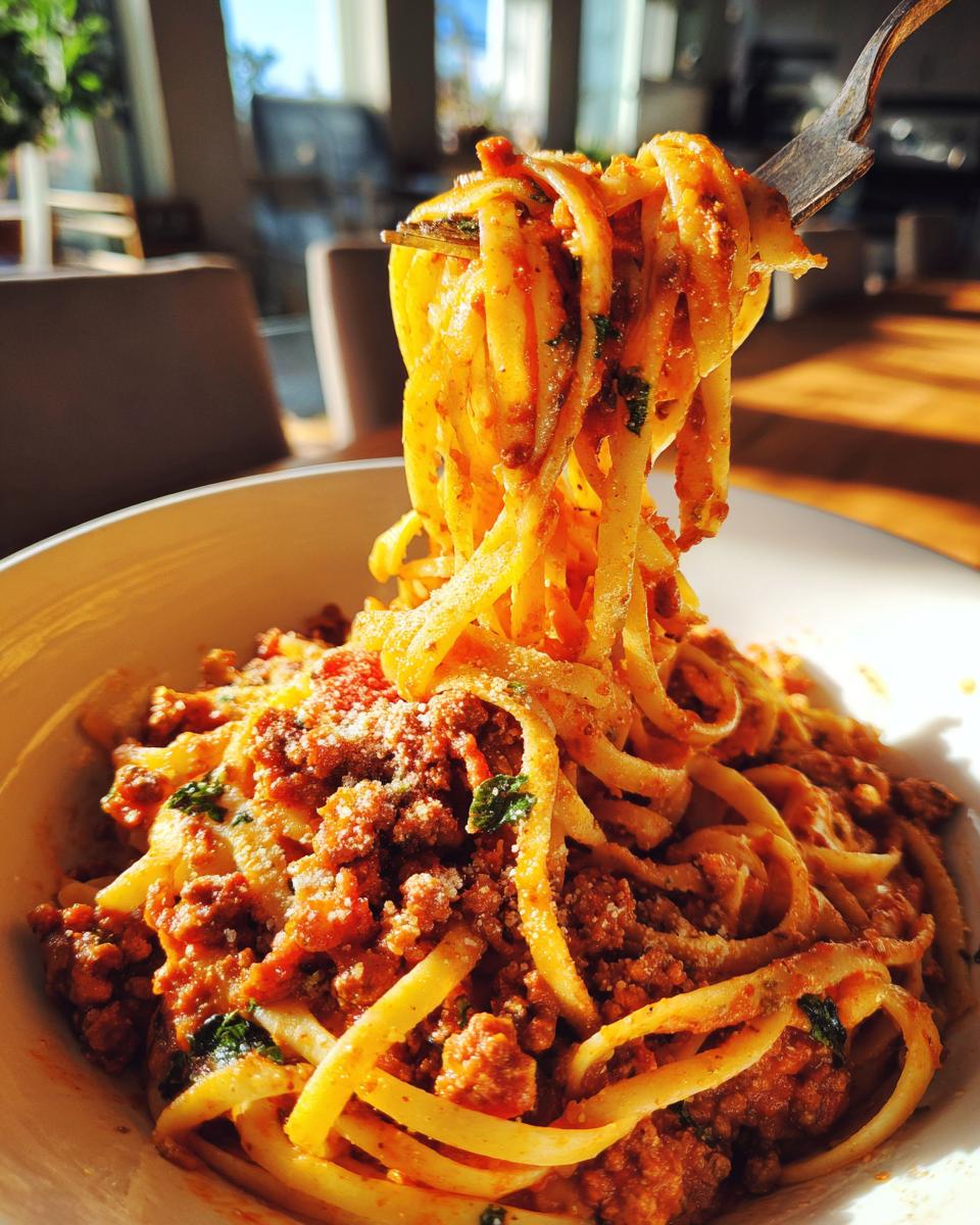 Close-up of linguine bolognese, a quick and easy pasta recipe perfect for busy weeknights.