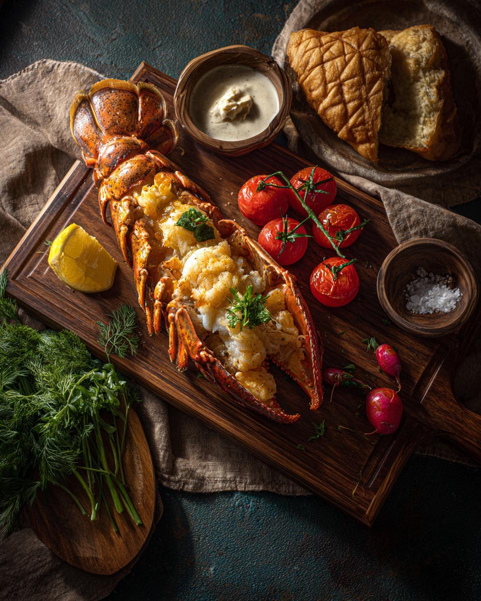 Prepared lobster dinner recipe on a wooden board with tomatoes, bread, sauce, lemon, and herbs.