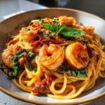 Close-up of Marry Me Shrimp Pasta in a bowl, featuring shrimp, spinach, sun-dried tomatoes, and linguine.