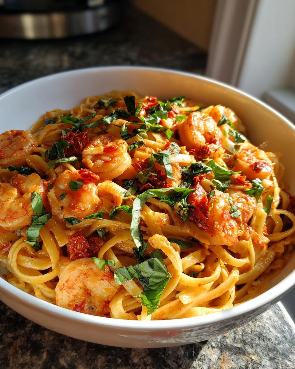 Close-up of a bowl of creamy “Marry Me” Shrimp Pasta with sun-dried tomatoes and fresh basil.