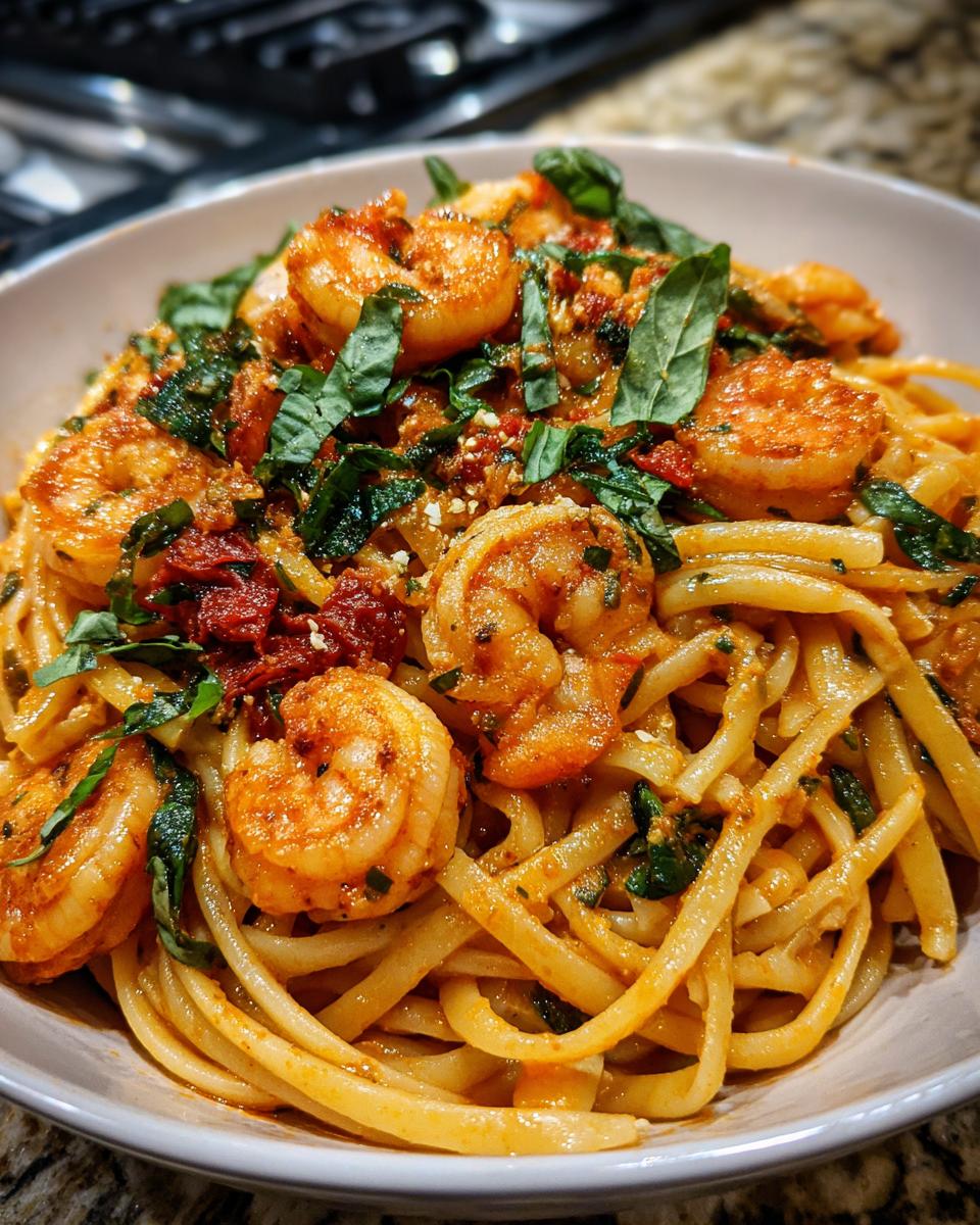 A bowl of creamy “Marry Me” Shrimp Pasta with linguine, sun-dried tomatoes, basil, and perfectly cooked shrimp.