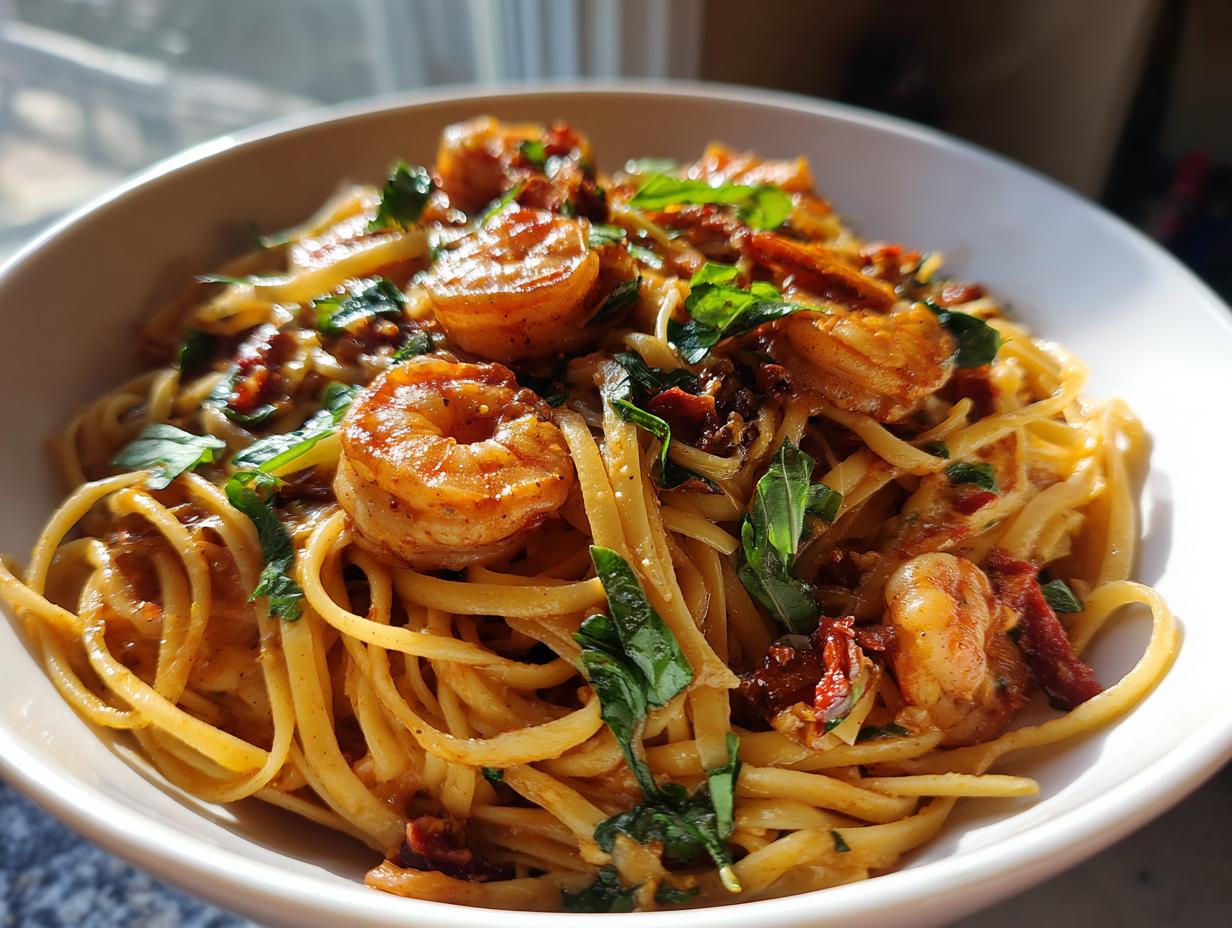 Bowl of creamy “Marry Me” Shrimp Pasta with linguine, sun-dried tomatoes, and fresh basil.