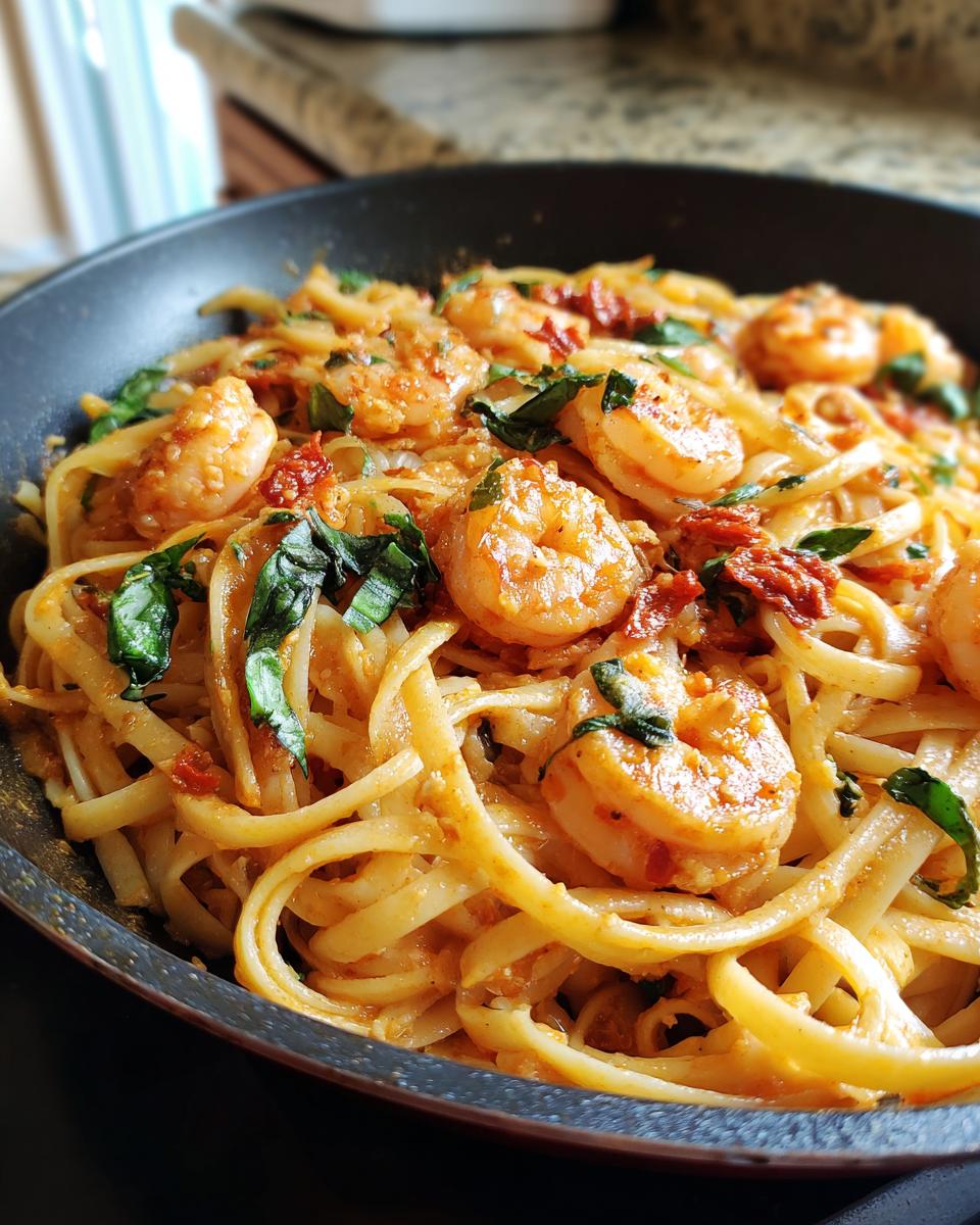Close-up of creamy “Marry Me” Shrimp Pasta with linguine, shrimp, sun-dried tomatoes, and basil in a skillet.