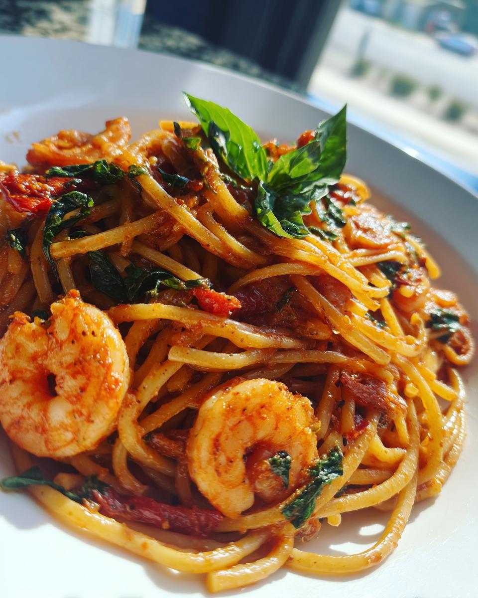 Close-up of “Marry Me” Shrimp Pasta with juicy shrimp, sun-dried tomatoes, basil, and creamy sauce.