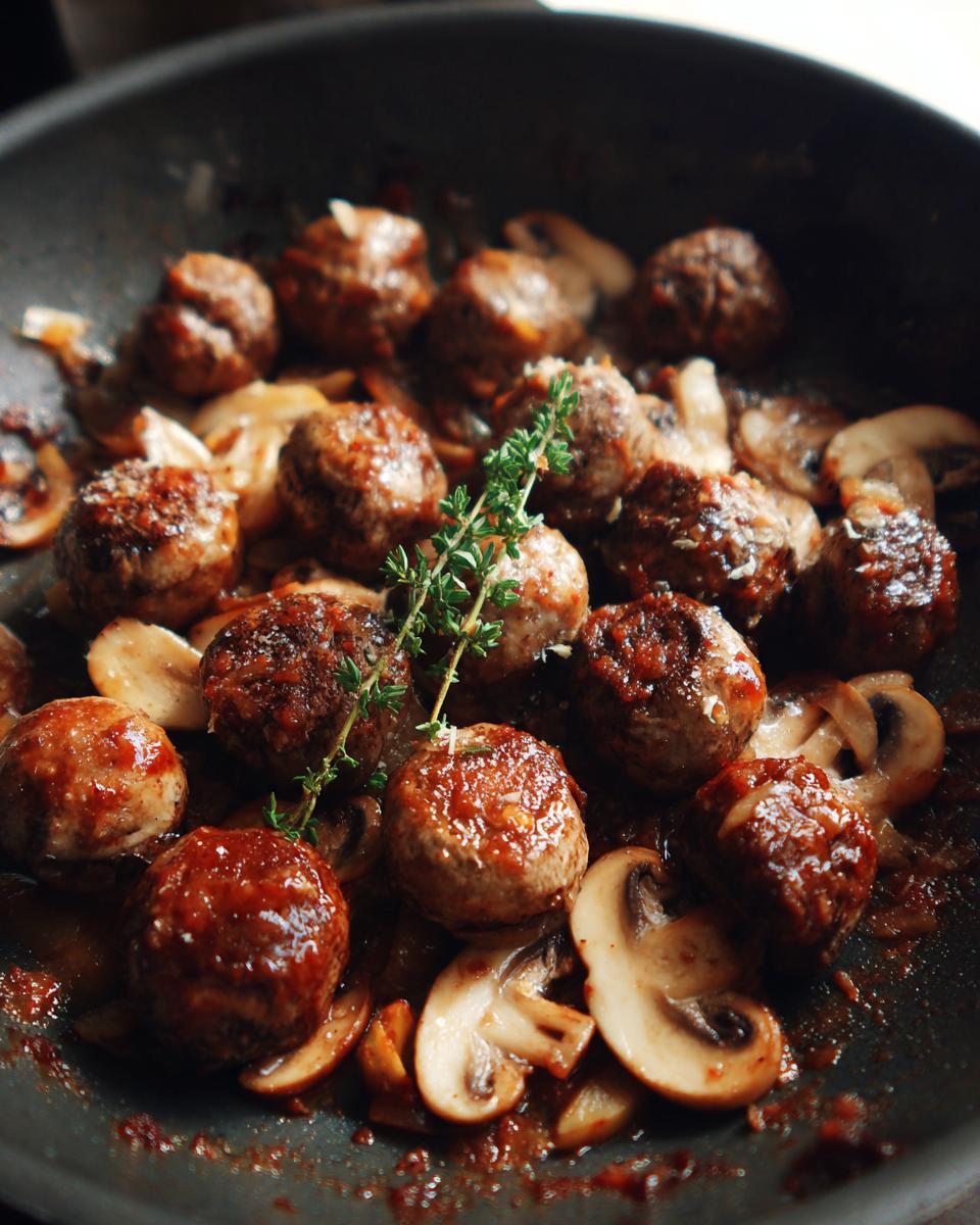 Pan of meatballs and sliced mushrooms, a quick and easy 5-Ingredient Dinner Recipes.