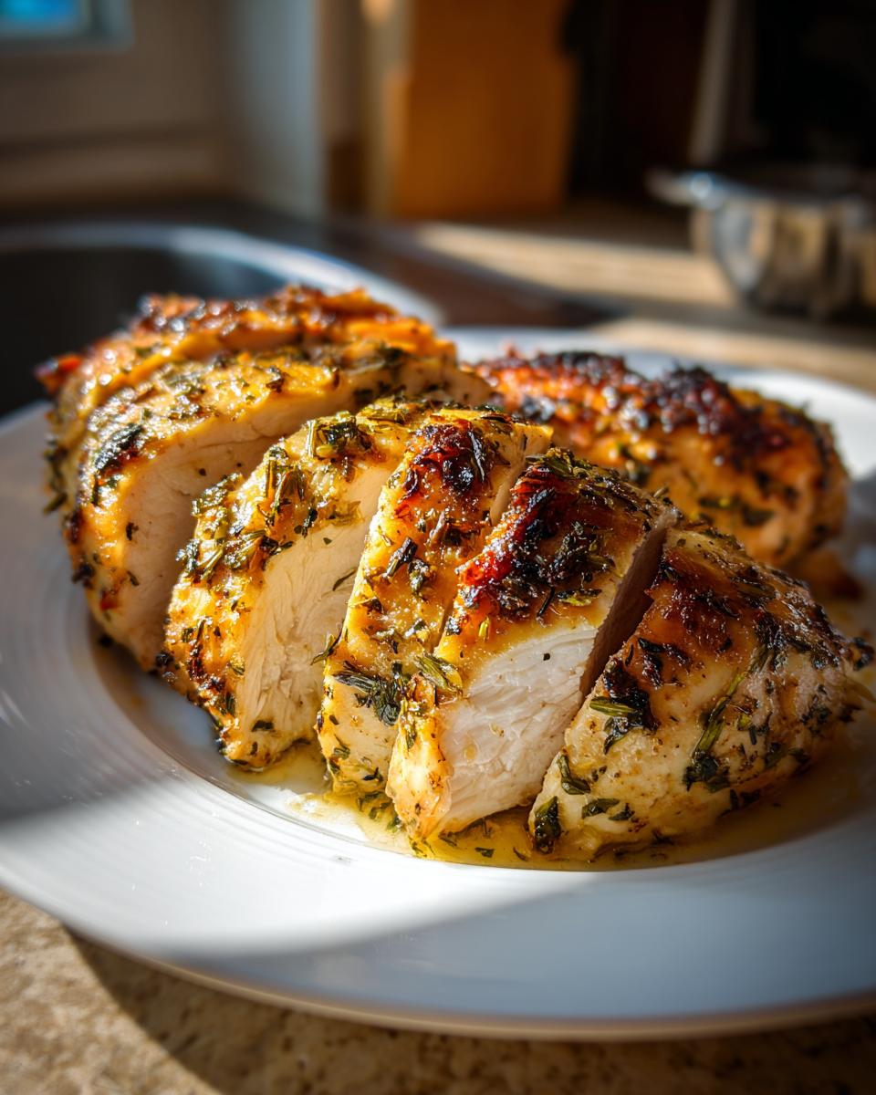 Close-up of sliced Melt In Your Mouth Chicken breast, seasoned with herbs and glistening with juices.