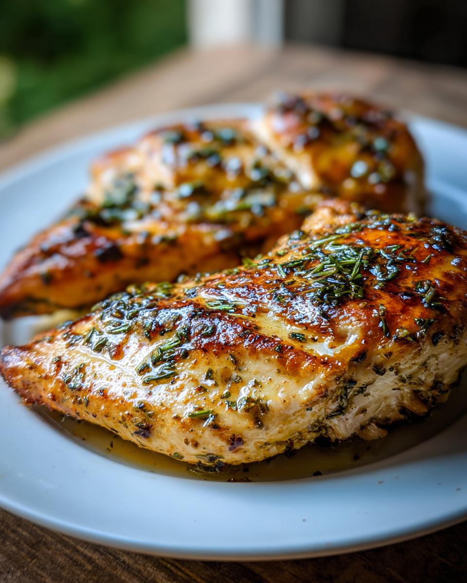 Close-up of Melt In Your Mouth Chicken breasts on a white plate, seasoned with herbs and spices.