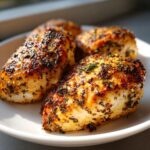 Close-up of four herb-crusted Melt In Your Mouth Chicken breasts on a white plate, ready to serve.