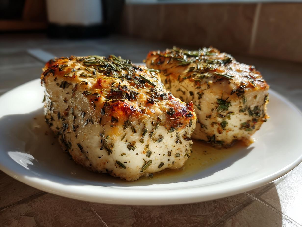 Two pieces of herb-crusted Melt In Your Mouth Chicken on a white plate, bathed in sunlight.