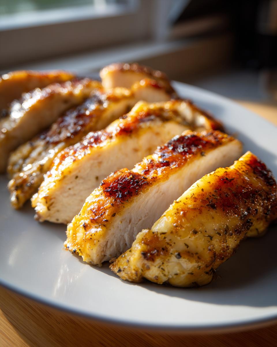 Close-up of sliced Melt In Your Mouth Chicken on a plate, showing the juicy interior and golden-brown crust.