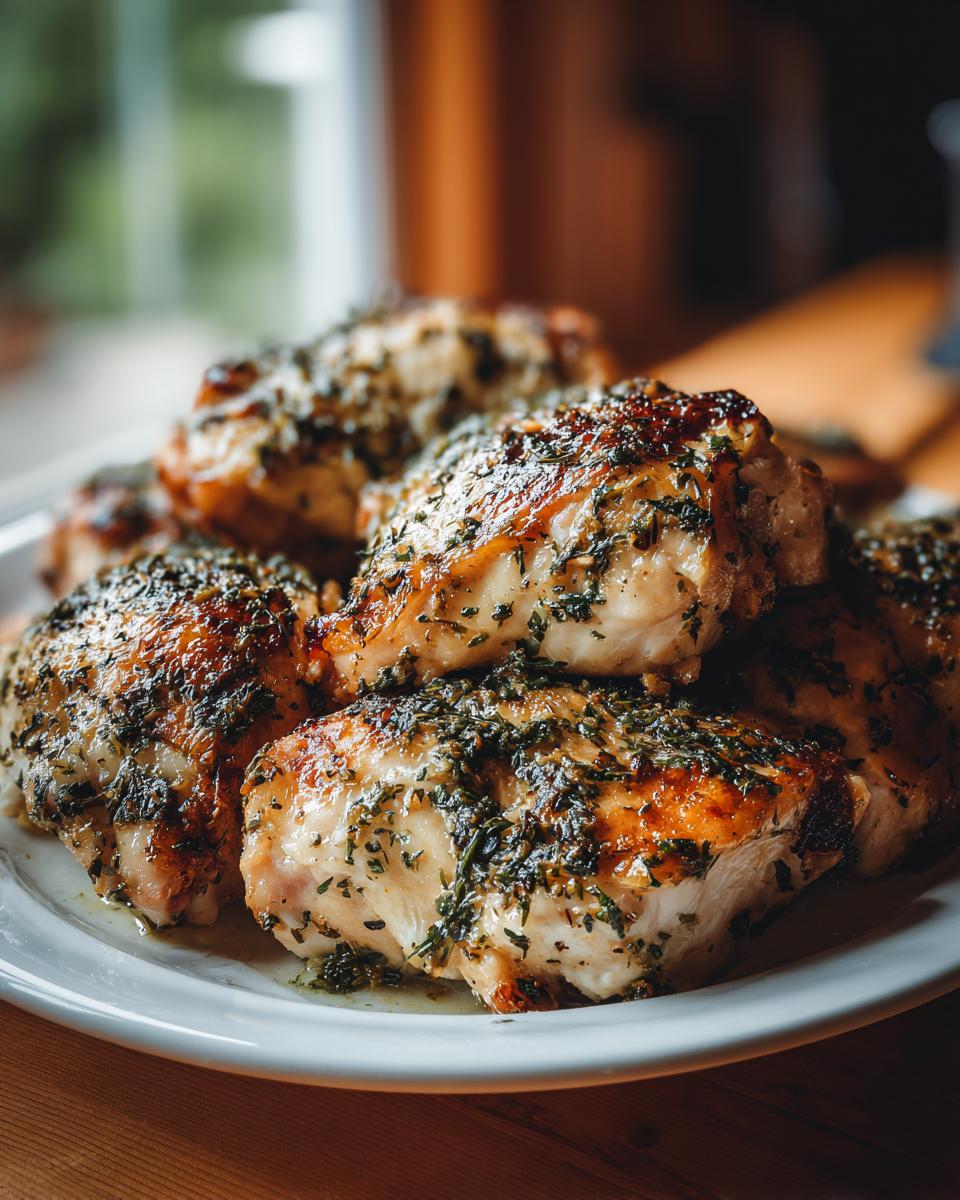 A plate of juicy Melt In Your Mouth Chicken thighs, seasoned with herbs and cooked to perfection.