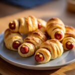 A plate of homemade Mini Mummy Bites (2025), featuring hot dogs wrapped in crescent roll dough and decorated with mustard 'eyes'.
