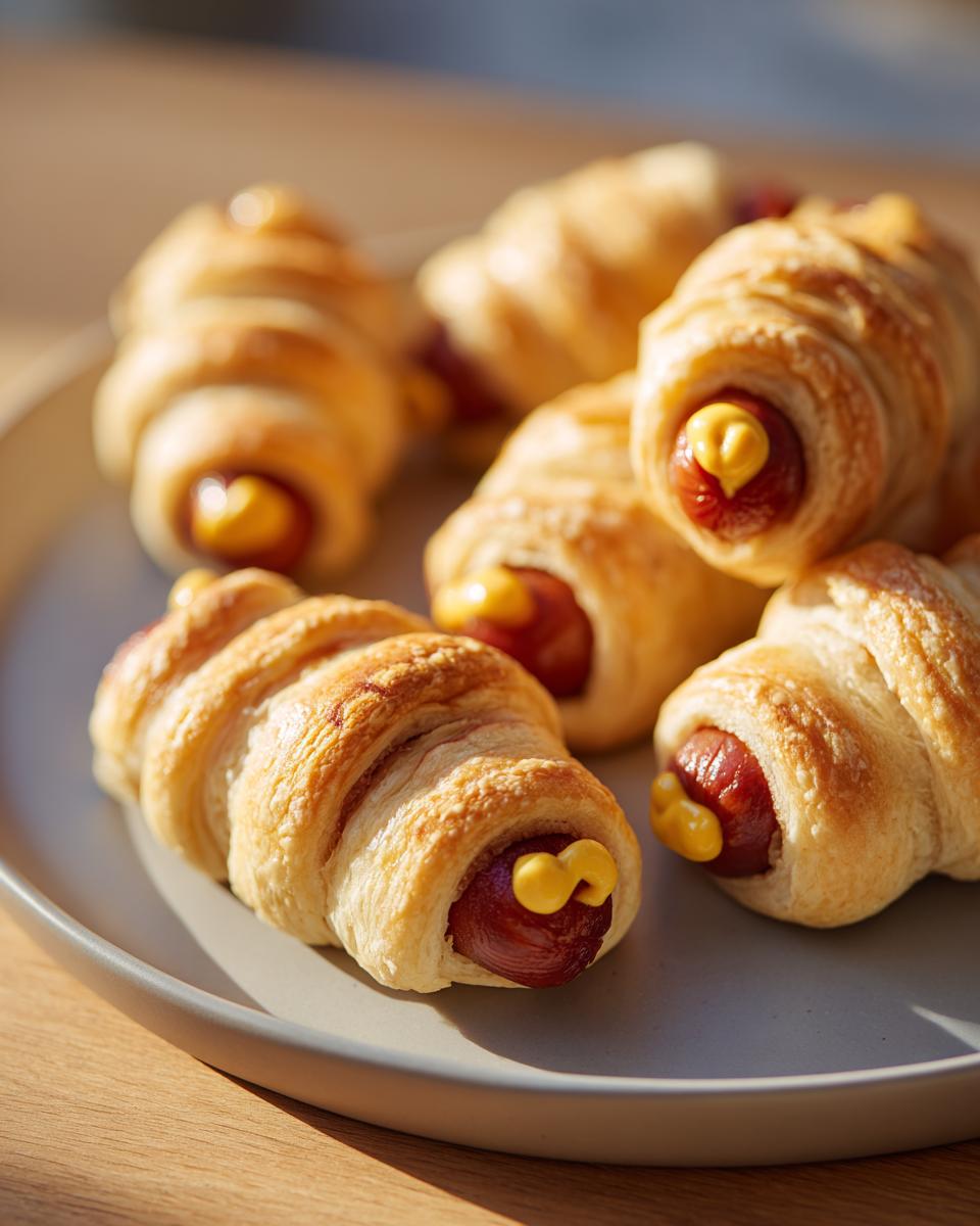 A plate of spooky Mini Mummy Bites (2025), featuring hot dogs wrapped in croissant dough with mustard 'eyes'.