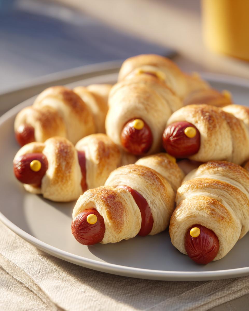 A plate of Mini Mummy Bites (2025), featuring hotdogs wrapped in pastry with mustard 'eyes'.
