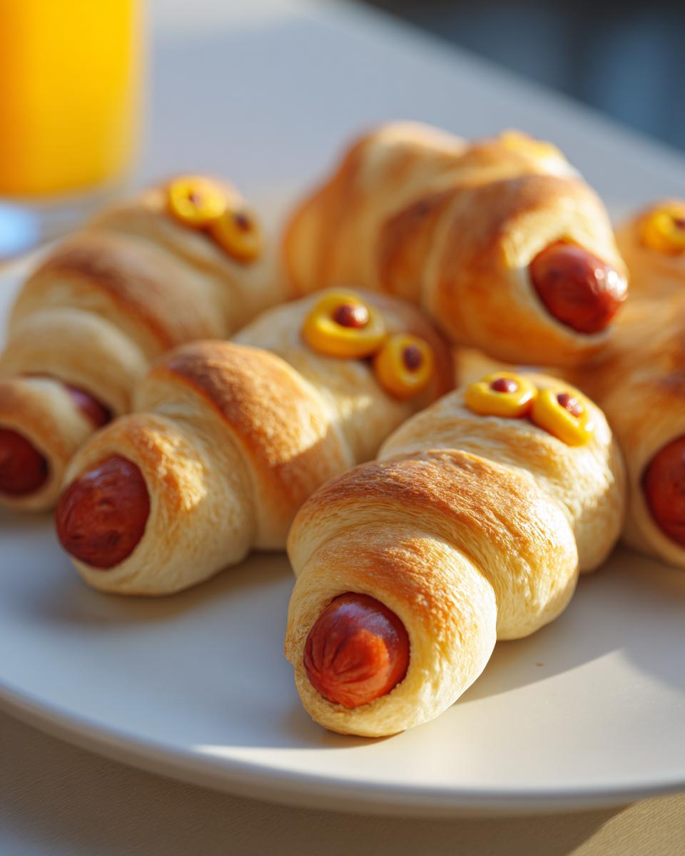 Close-up of Mini Mummy Bites (2025), sausage wrapped in dough with mustard eyes, served on a white plate.