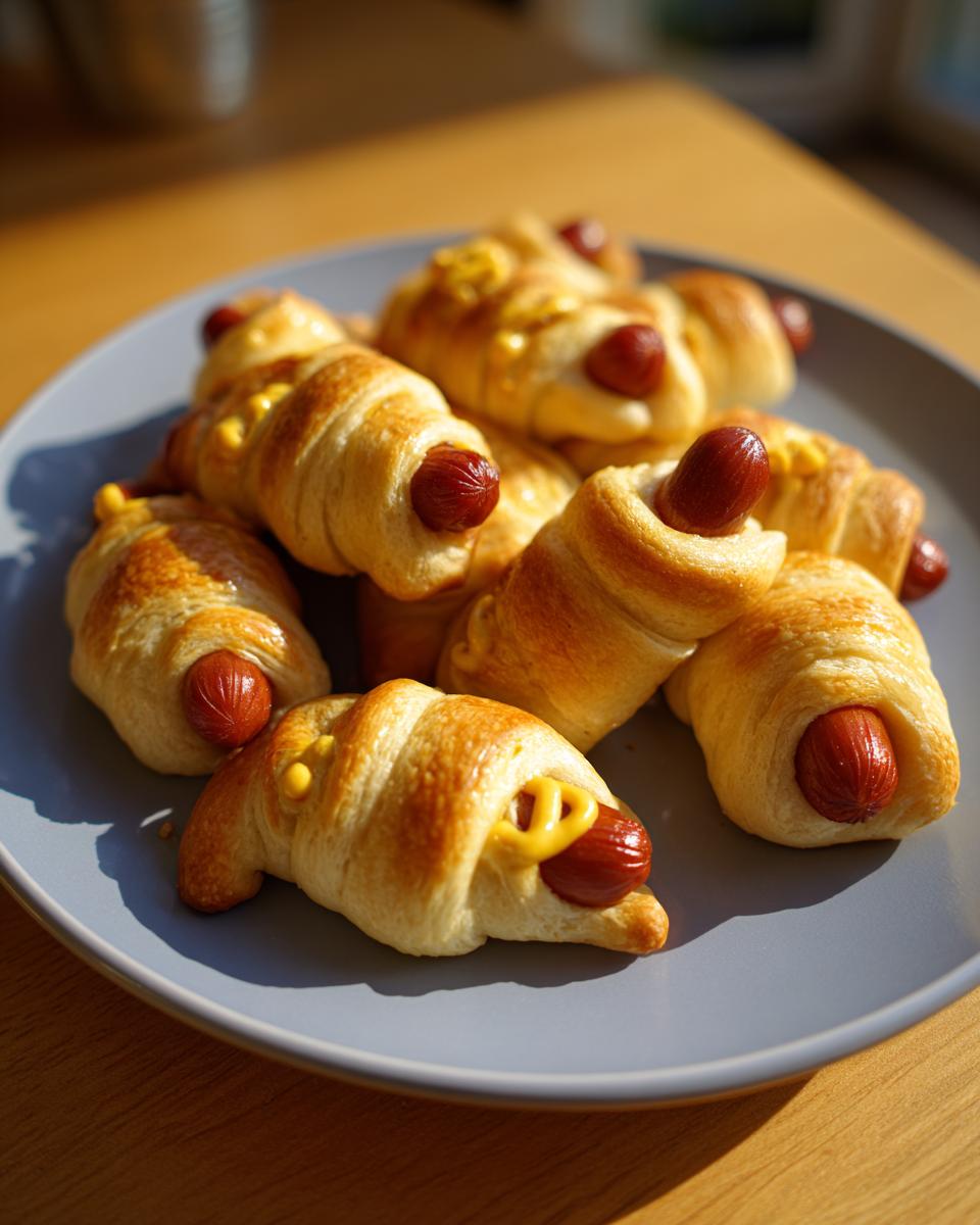 A plate of spooky Mini Mummy Bites (2025), featuring hot dogs wrapped in crescent roll dough and decorated with mustard.