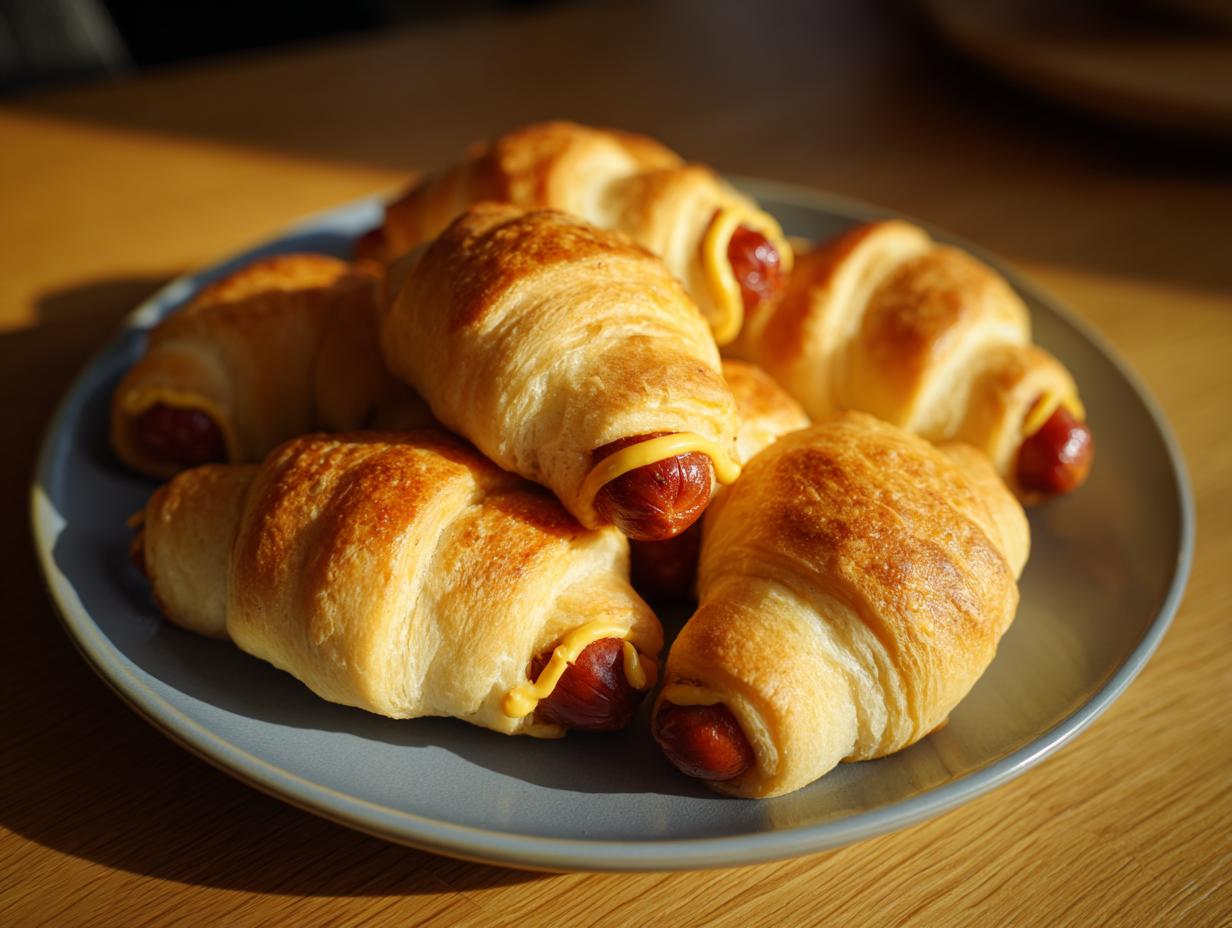 A plate of golden brown Mini Mummy Bites (2025), crescent rolls wrapped around hotdogs, with cheese strips.