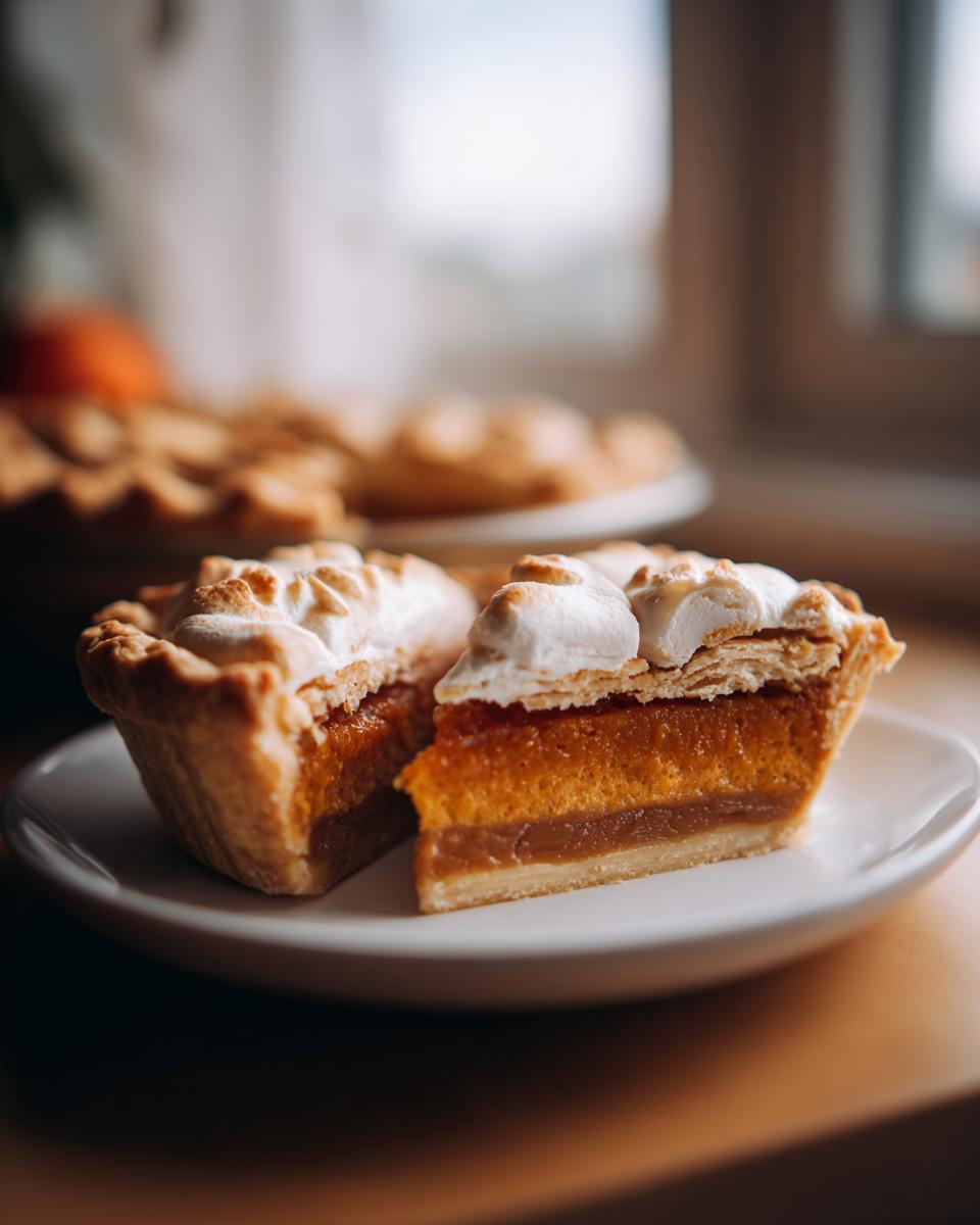 A slice of mini pumpkin pie with meringue topping, perfect for Thanksgiving desserts. 