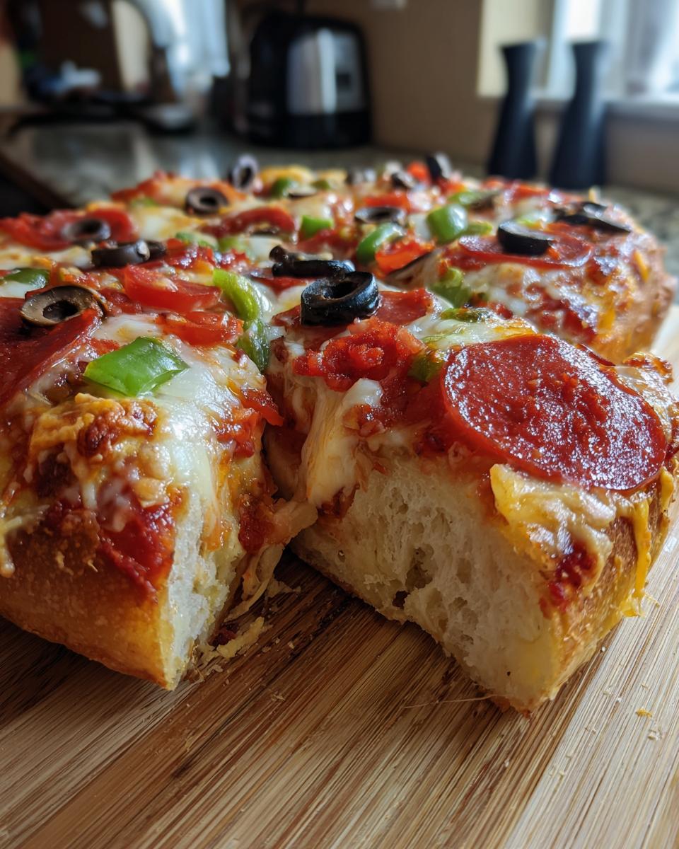 Close-up of a sliced Monster French Bread Pizza with pepperoni, olives, green peppers, and melted cheese.