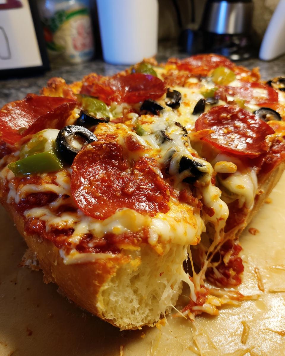 A slice of Monster French Bread Pizza loaded with pepperoni, olives, and peppers, with melted cheese pulling away.