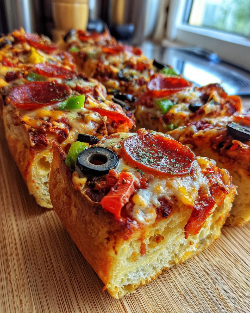 Close-up of sliced Monster French Bread Pizza with pepperoni, olives, and peppers on a wooden board.