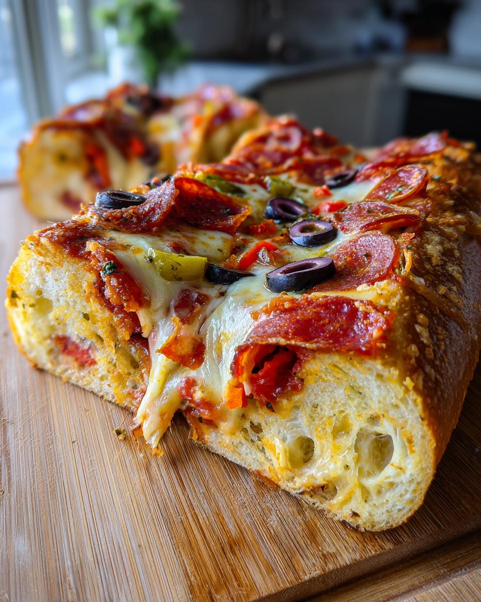 Close-up of a Monster French Bread Pizza with pepperoni, olives, peppers, and melted cheese on a wooden board.