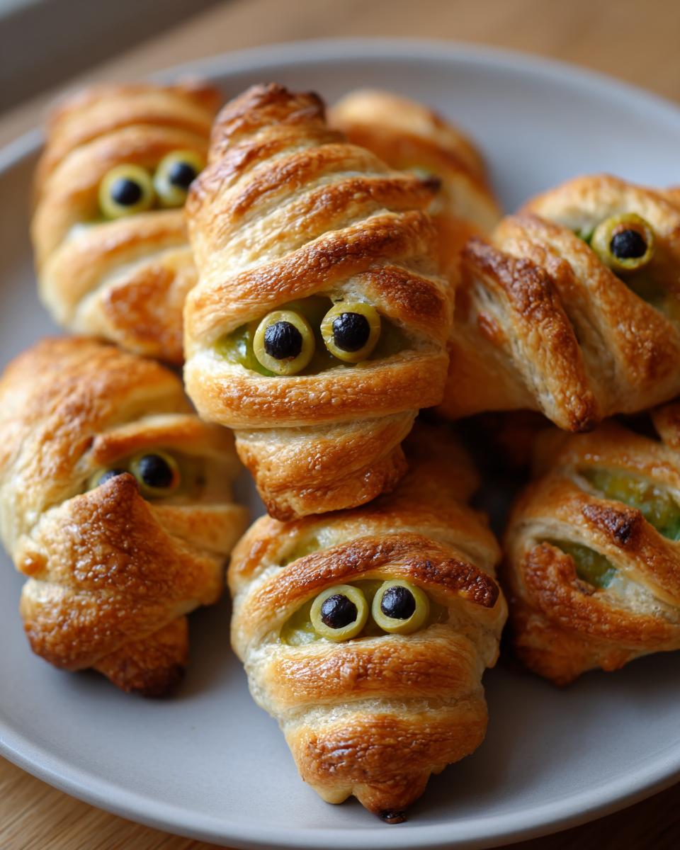 A plate of Mummy Jalapeño Poppers (2025) with olive eyes, wrapped in pastry.