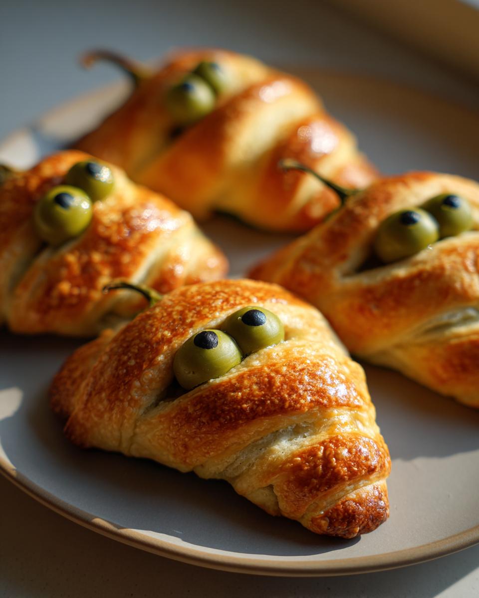 Close-up of Mummy Jalapeño Poppers (2025) with olive eyes on a plate, baked to a golden brown.
