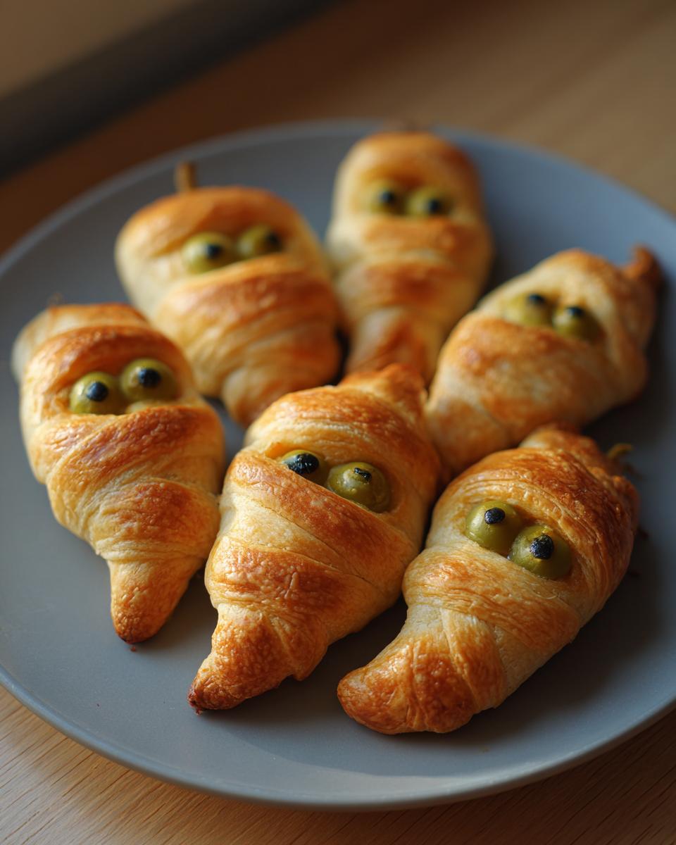 Six Mummy Jalapeño Poppers on a gray plate, styled as mummies with pastry 'bandages' and olive eyes.