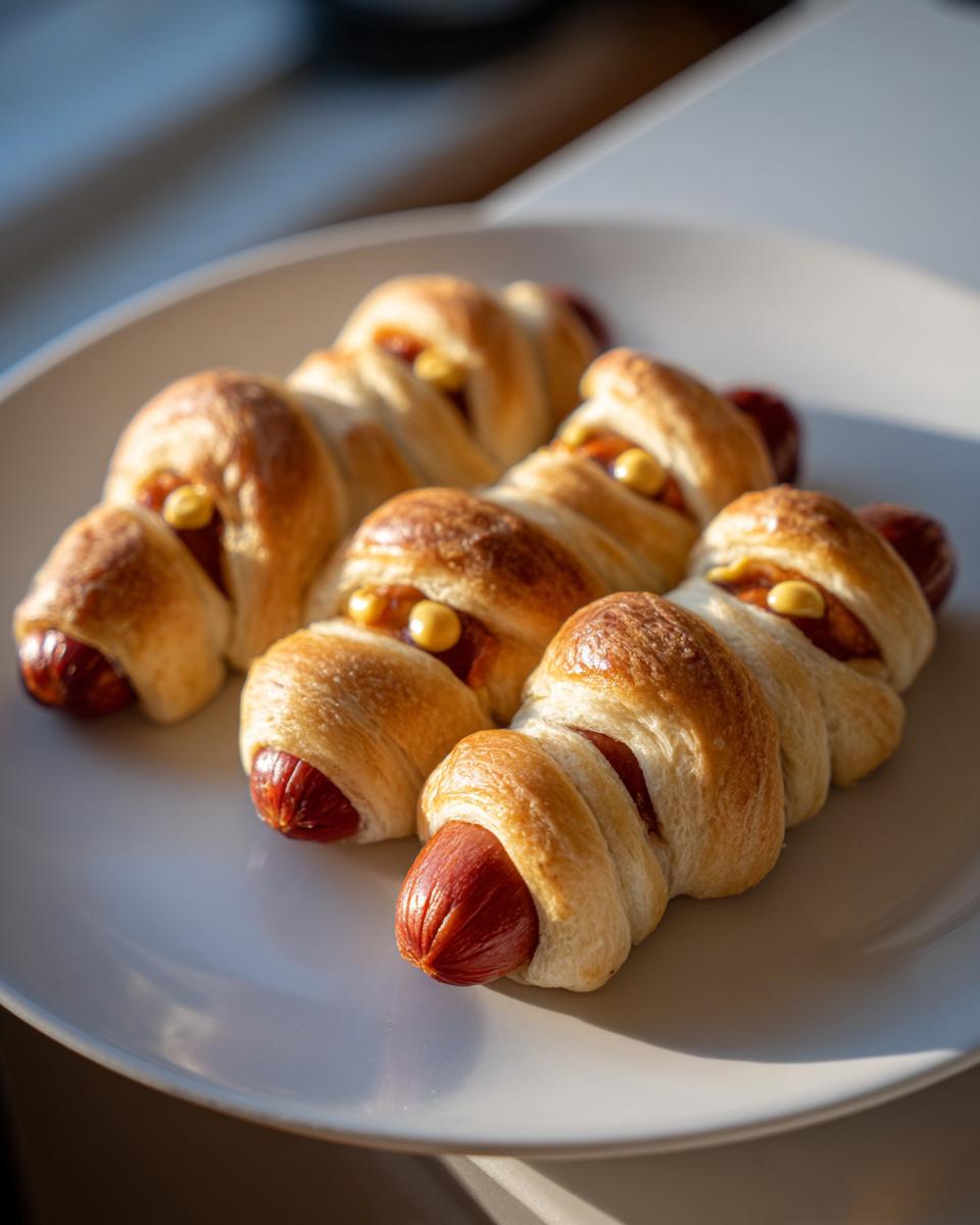 Close-up of Mummy Pigs in a Blanket (2025) on a white plate, styled with pastry and mustard 'eyes'.