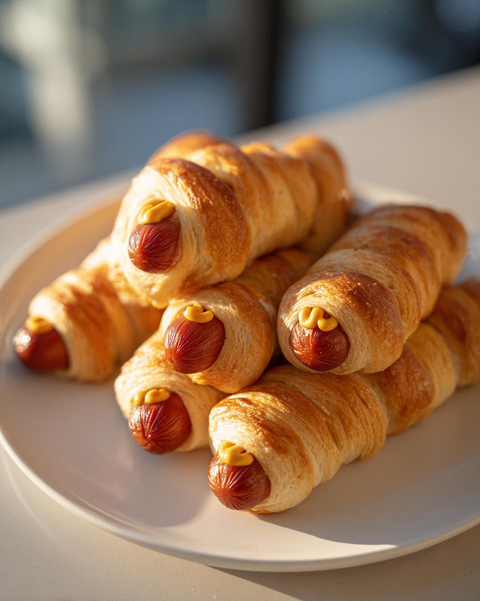 A stack of Mummy Pigs in a Blanket (2025) on a white plate, featuring crescent roll "bandages" and mustard "eyes."