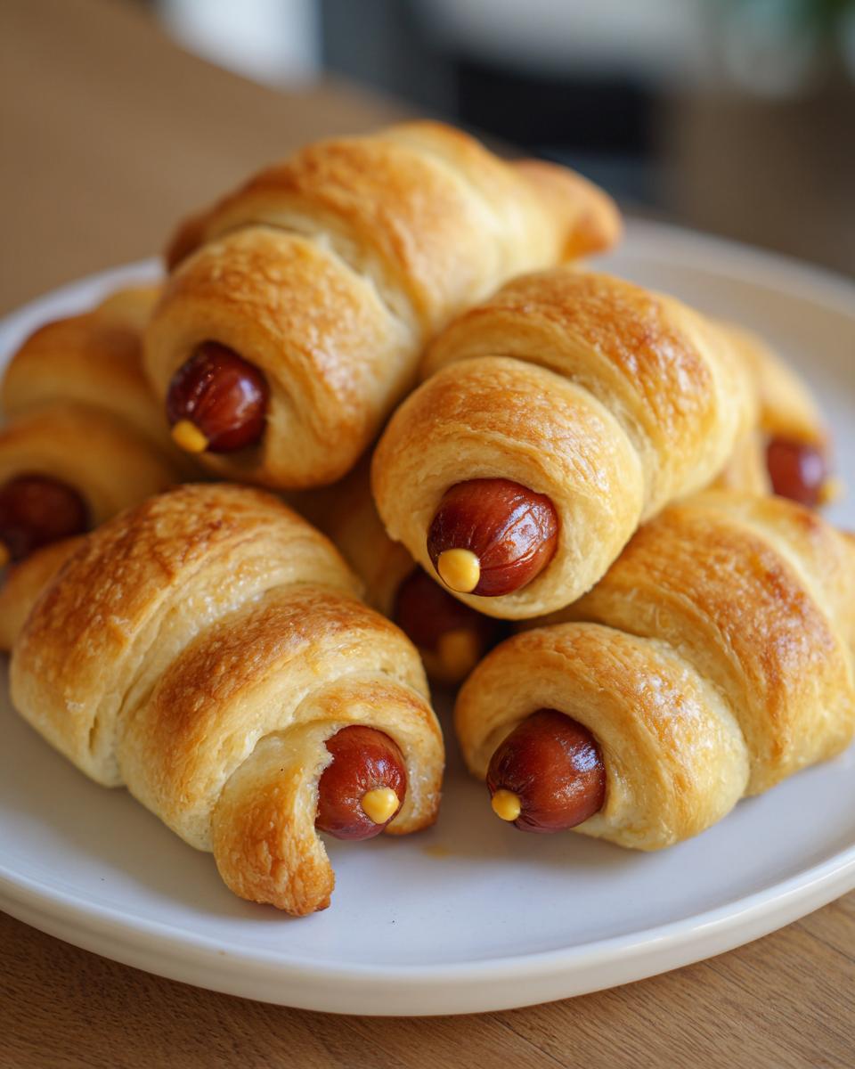 Pile of Mummy Pigs in a Blanket (2025) on a white plate, featuring crescent roll dough and visible sausage.