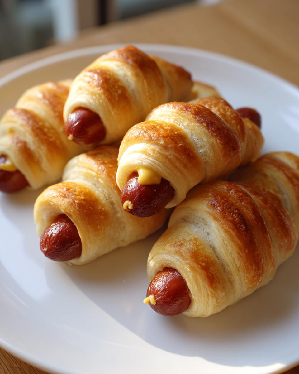 Close-up of Mummy Pigs in a Blanket (2025) on a white plate, showing golden-brown crescent roll dough wrapped around hot dogs.