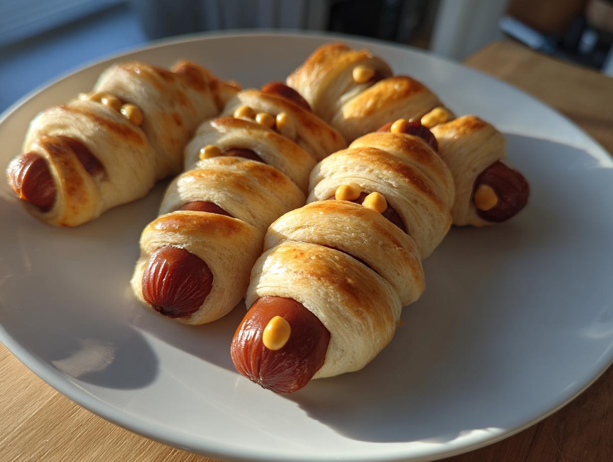 A batch of freshly baked Mummy Pigs in a Blanket (2025) on a white plate, ready to be served.