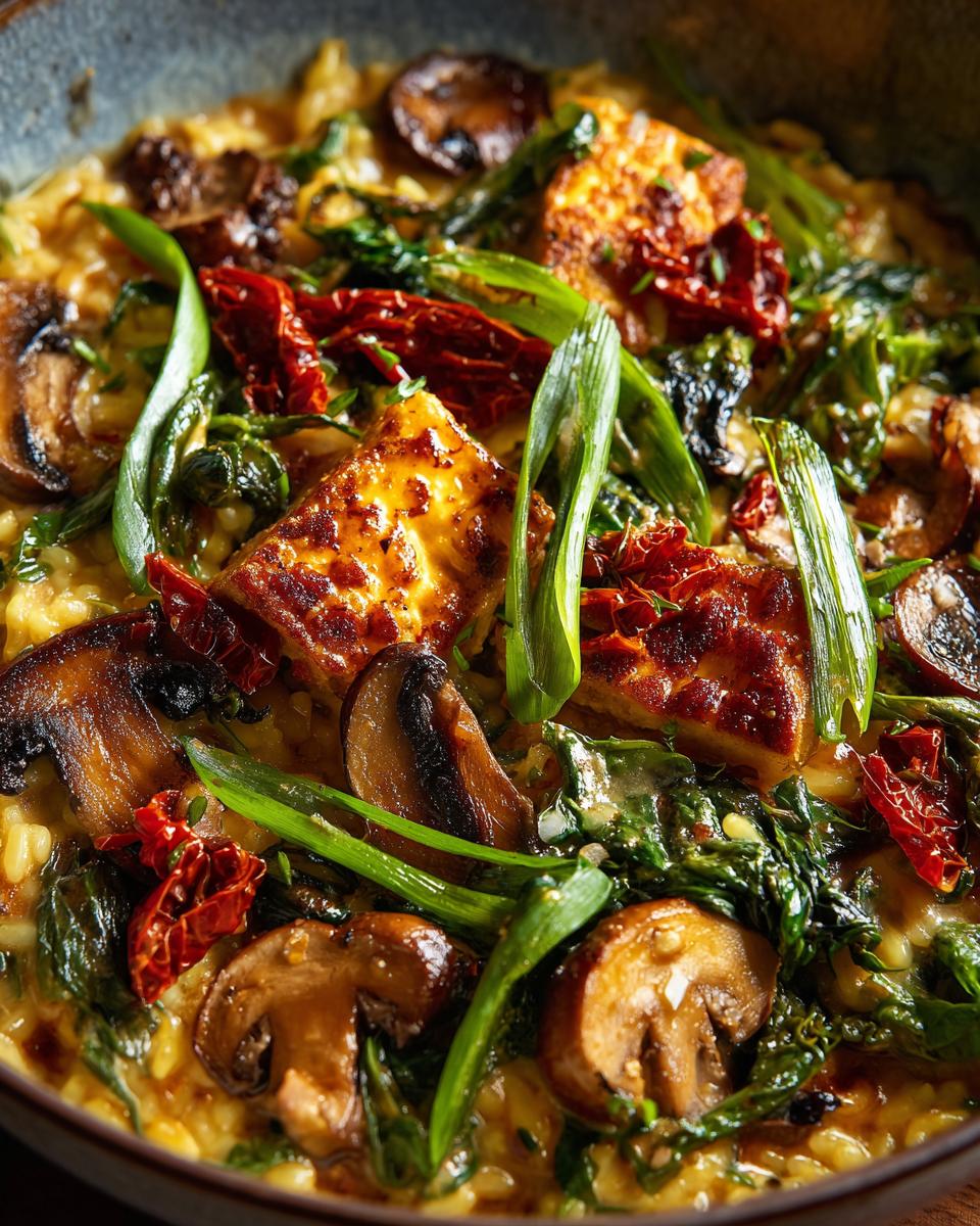Close-up of mushroom risotto with sun-dried tomatoes, spinach, and green onions, a 5-Ingredient Dinner Recipes.