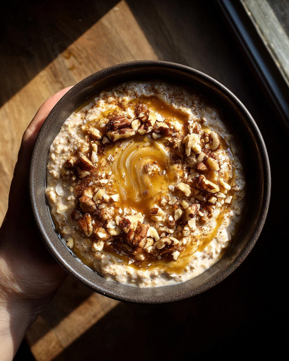 Bowl of oatmeal topped with nuts and honey, a quick Breakfast Idea in 20 Minutes.