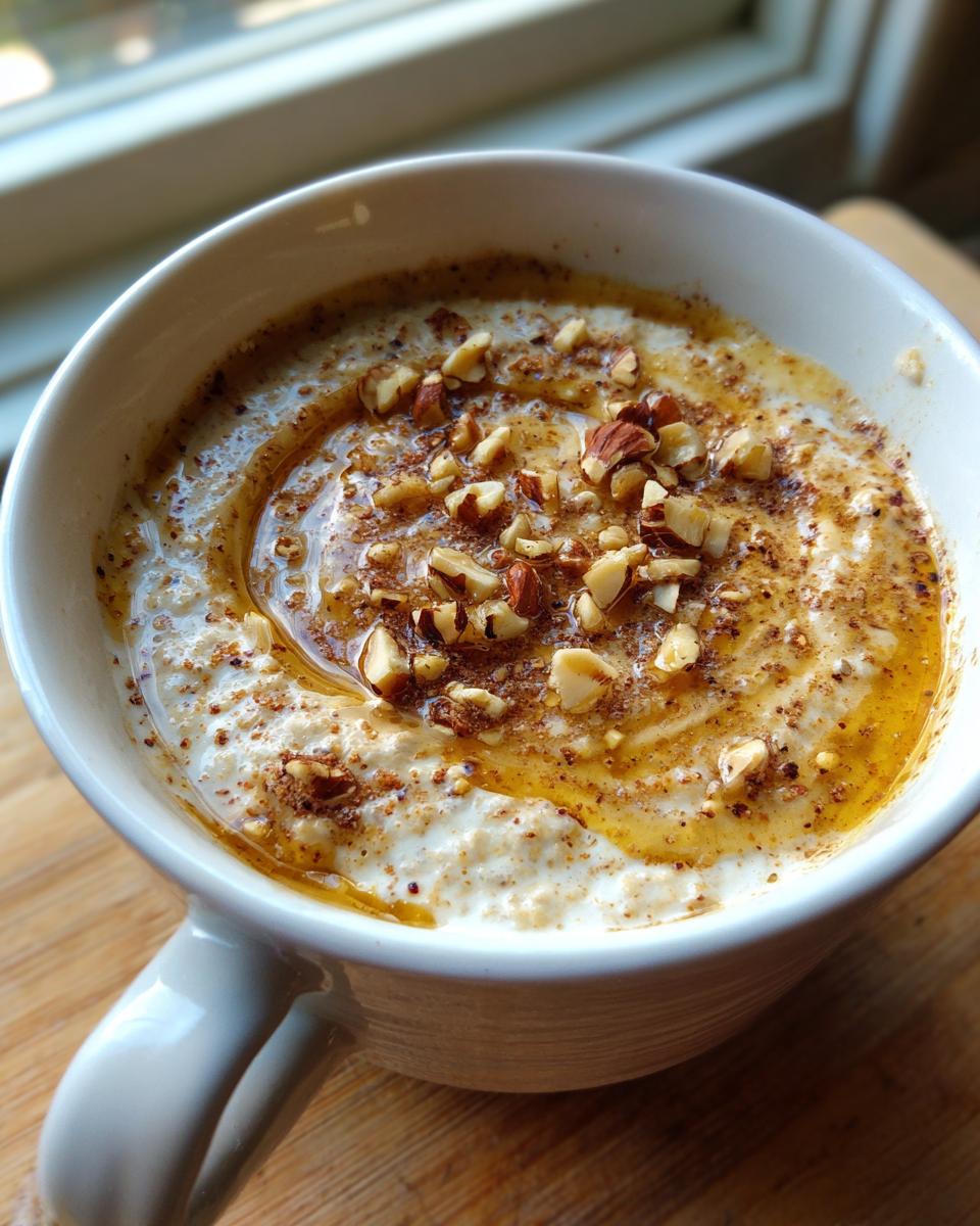 Oatmeal in a mug, topped with honey and chopped nuts, a quick and easy Breakfast Ideas in 20 Minutes.