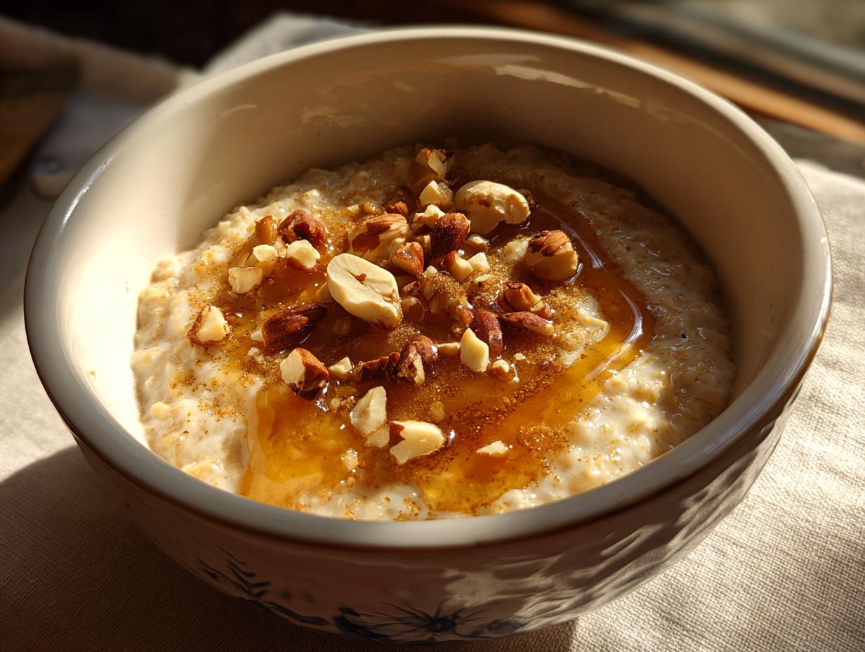 Bowl of oatmeal topped with nuts and honey, a quick breakfast idea in 20 minutes.