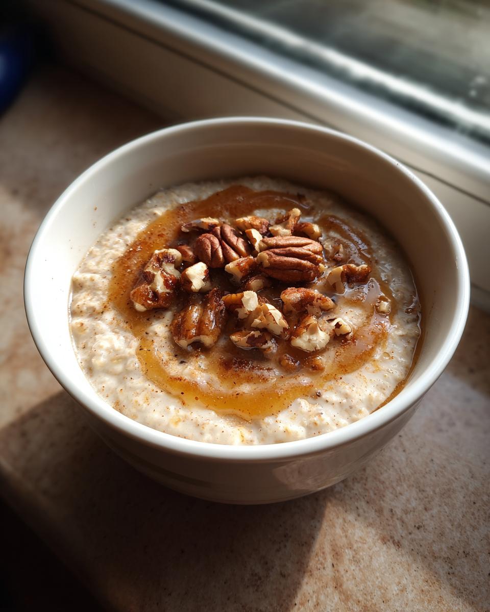 Bowl of oatmeal topped with pecans, walnuts, and honey, perfect for Breakfast Ideas in 20 Minutes.