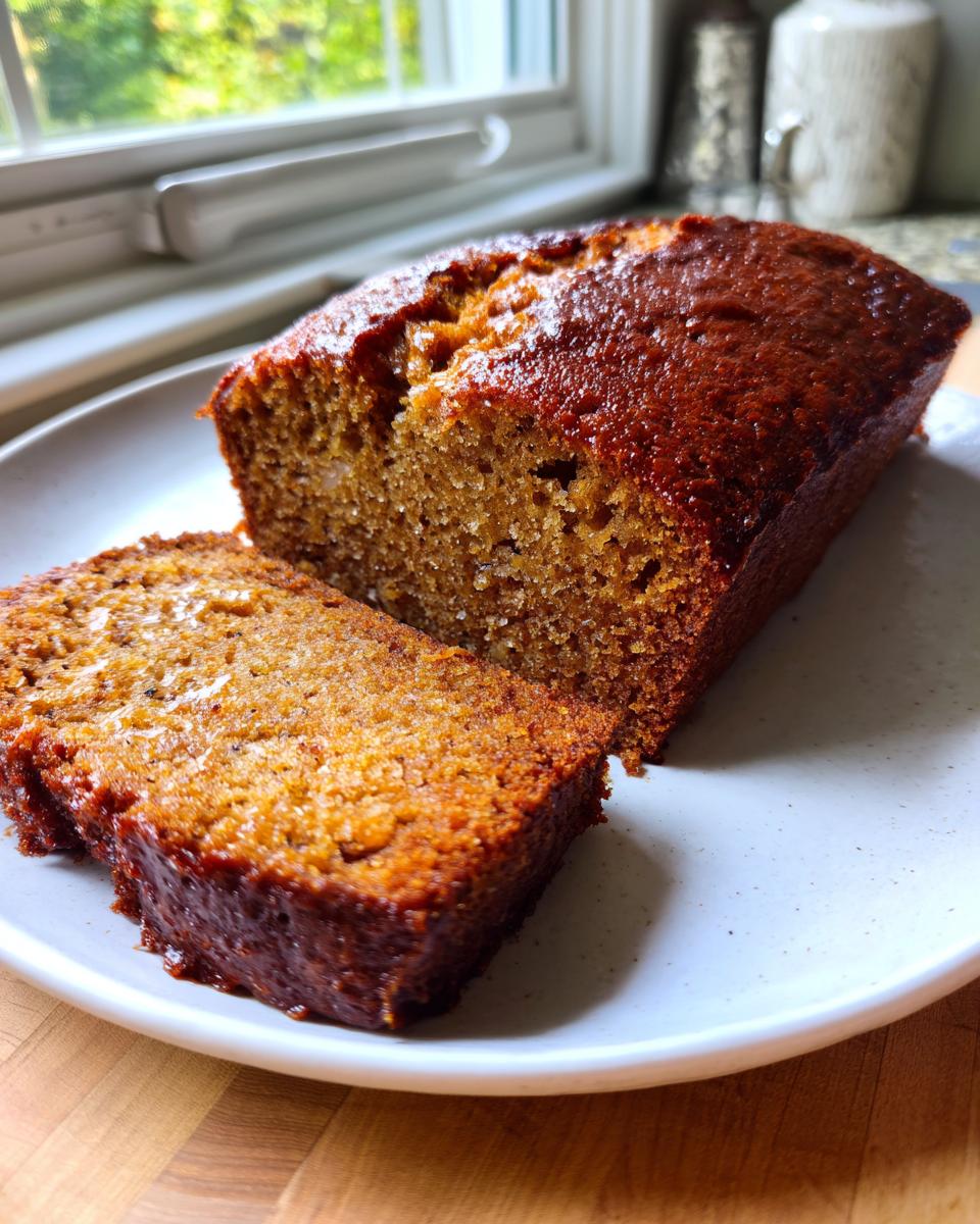 A loaf and slice of freshly baked One-Pan Banana Bread on a plate, showcasing its moist texture and golden-brown crust.