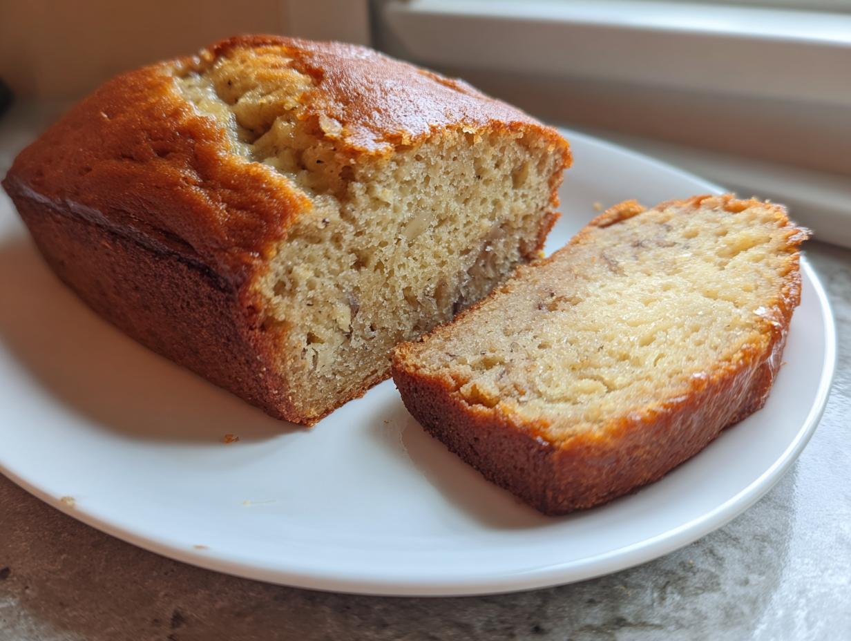 A loaf of One-Pan Banana Bread, with a slice cut, sits on a white plate, showcasing the bread's texture.
