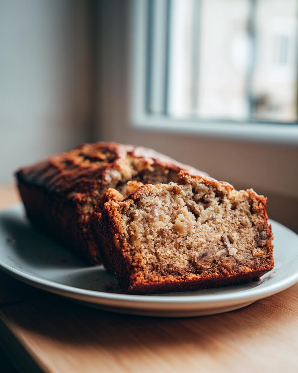 A slice of freshly baked One-Pan Banana Bread on a plate, showing the moist texture and ingredients.