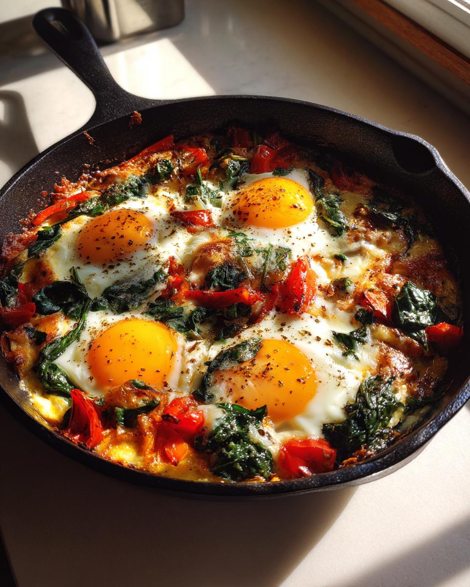 A cast iron skillet filled with a delicious One-Pan Breakfast Idea, featuring eggs, spinach, and red bell peppers.